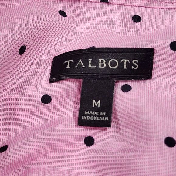 TALBOTS Pink Black Polka Dot 100% Cotton Ruffle Neck 1/2 Button Blouse Medium - Picture 8 of 9